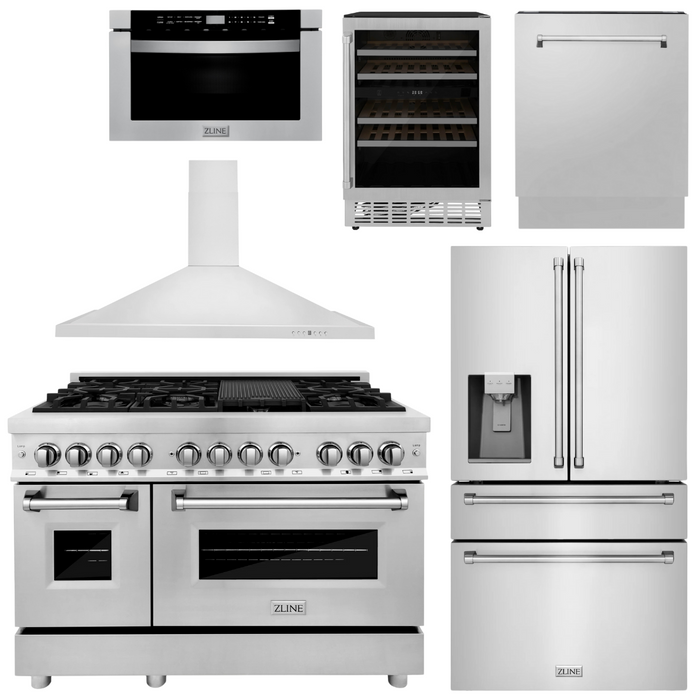 ZLINE Appliance Package - 48" Dual Fuel Range, Range Hood, Refrigerator with Water and Ice Dispenser, Microwave Drawer, Dishwasher and Wine Cooler