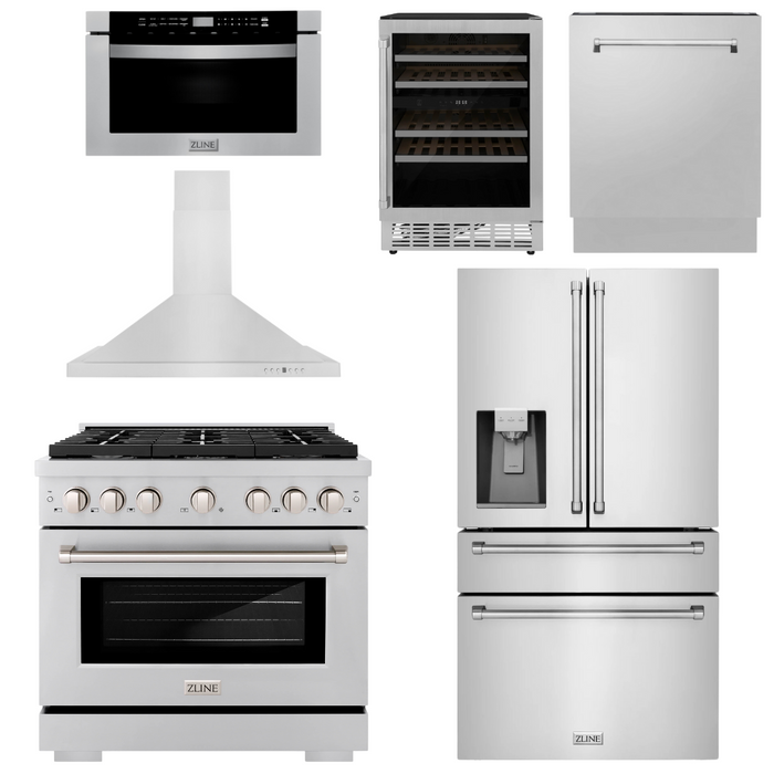 ZLINE Appliance Package - 36" Gas Range, Range Hood, Refrigerator with Water and Ice Dispenser, Microwave Drawer, Dishwasher and Wine Cooler