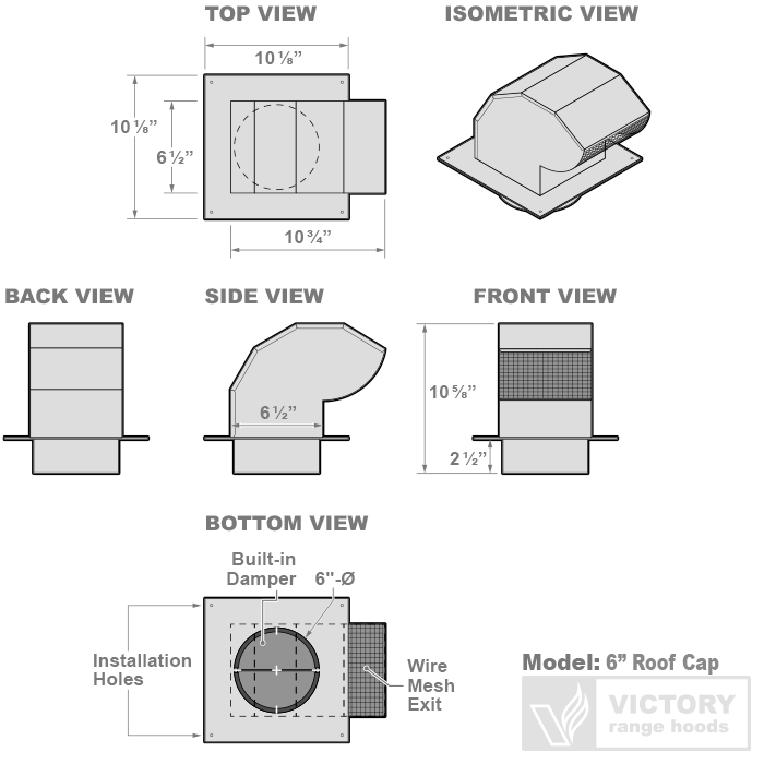 Galvanized Steel Roof Cap - 6" Duct