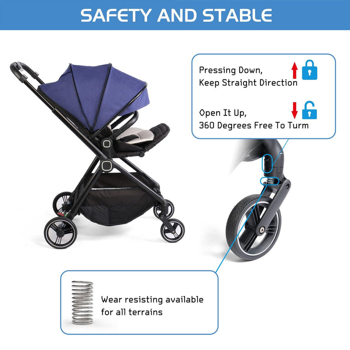 Easy Fold Baby Stroller Lightweight High Landscape Infant Pushchair with Reversible Seat, Blue