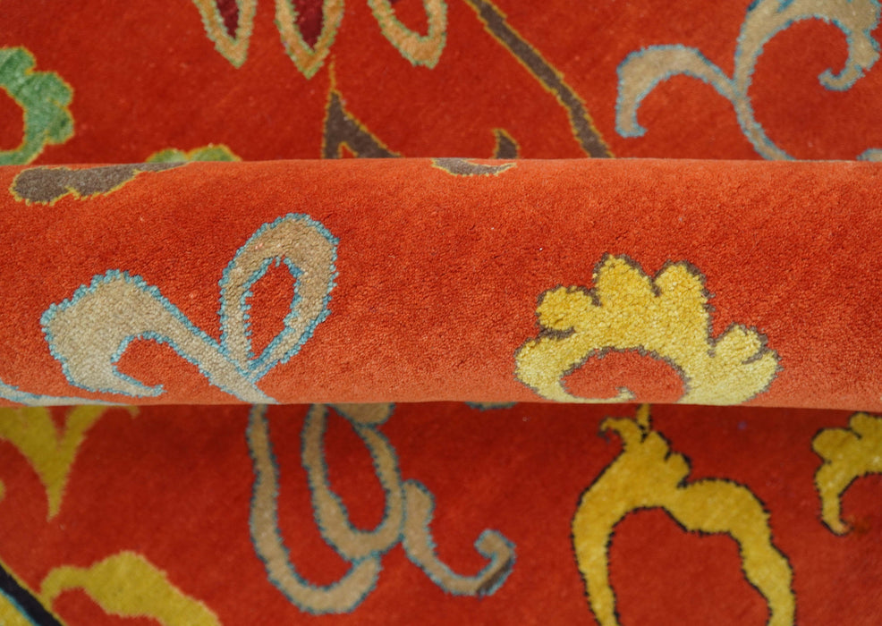 Modern Floral Orange 8x10 Hand Knotted wool Area Rug