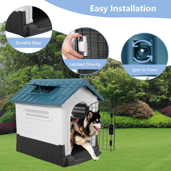 Outdoor Large Dog House Plastic Waterproof Kennel with Air Vents, 42.9"L x 40.5"W x 46.4"H, Blue Roof