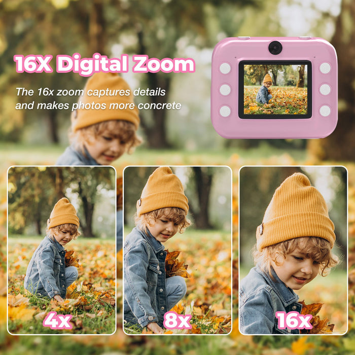 Kids Camera Instant Camera Christmas Birthday Gifts 1080P Digital Video Camera with 3 Rolls Paper, Pink