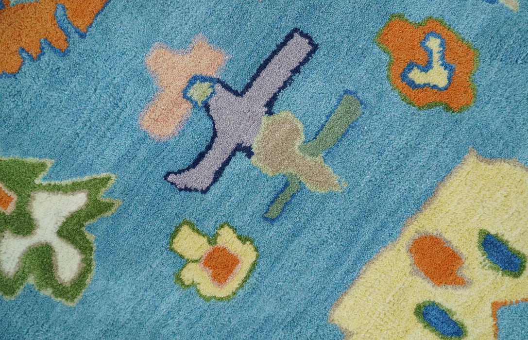 Hand Tufted Blue and Ivory Multi Size Modern Colorful Oushak Rug