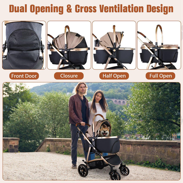 3 in 1 Travel Dog Stroller Pet Carrier with Detachable Carrier & Adjustable Handle, Gold