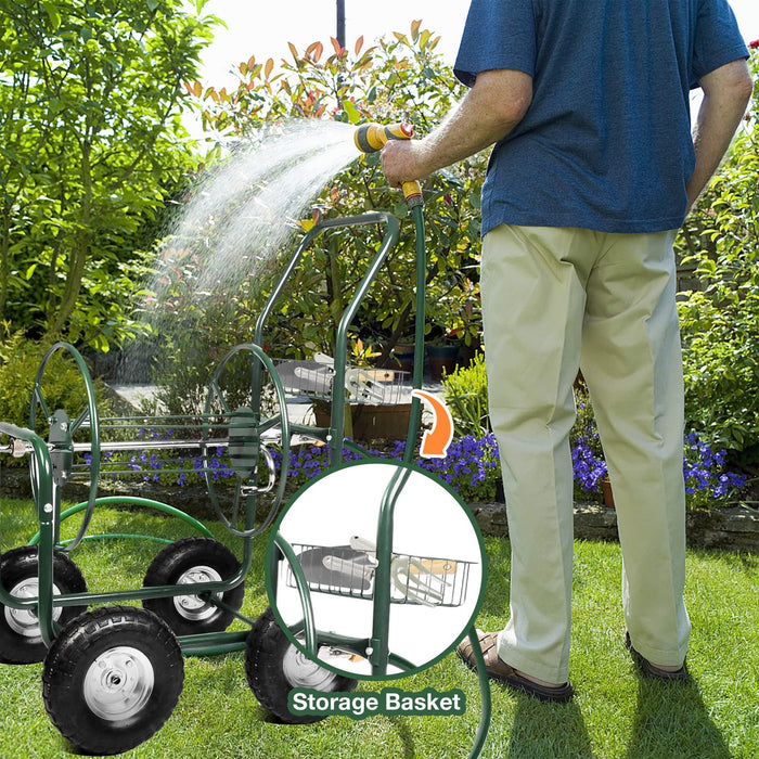 Portable Garden Hose Reel Cart with Wheels with Storage Basket Rust Resistant Water Hose Holder