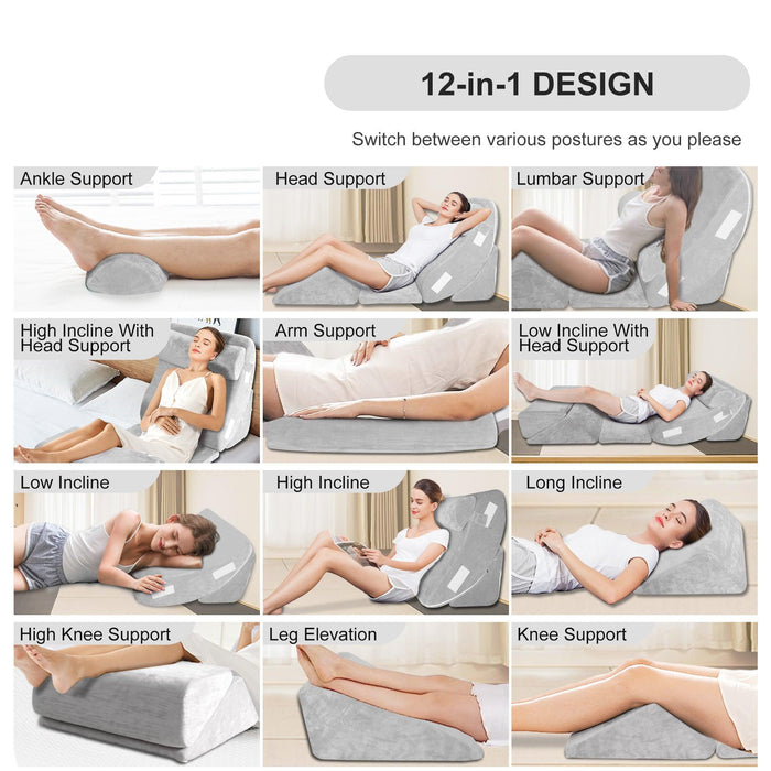 6PCS Bed Wedge Pillow Set, Adjustable Memory Foam Pillow Wedge for Back Neck Leg Pain Relief