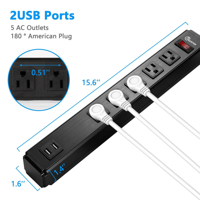 Set of 2 Power Strip 5 Outlets 2 USB Ports with Surge Protector Wall Mount, Black