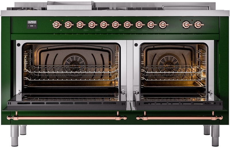 ILVE Nostalgie II 60" Dual Fuel Propane Gas Range in Emerald Green with Copper Trim, UP60FSNMPEGPLP