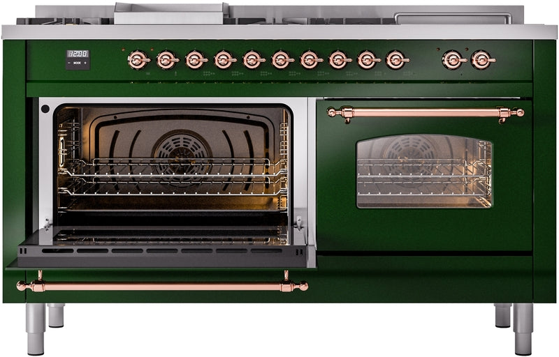 ILVE Nostalgie II 60" Dual Fuel Propane Gas Range in Emerald Green with Copper Trim, UP60FSNMPEGPLP