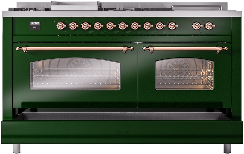 ILVE Nostalgie II 60" Dual Fuel Propane Gas Range in Emerald Green with Copper Trim, UP60FSNMPEGPLP