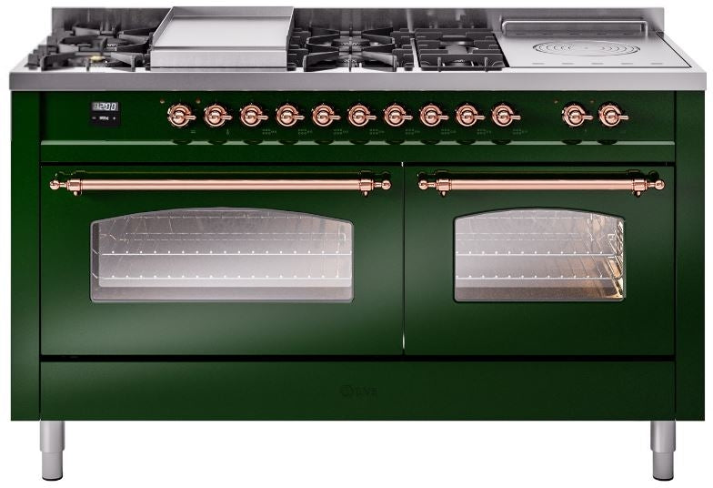 ILVE Nostalgie II 60" Dual Fuel Propane Gas Range in Emerald Green with Copper Trim, UP60FSNMPEGPLP