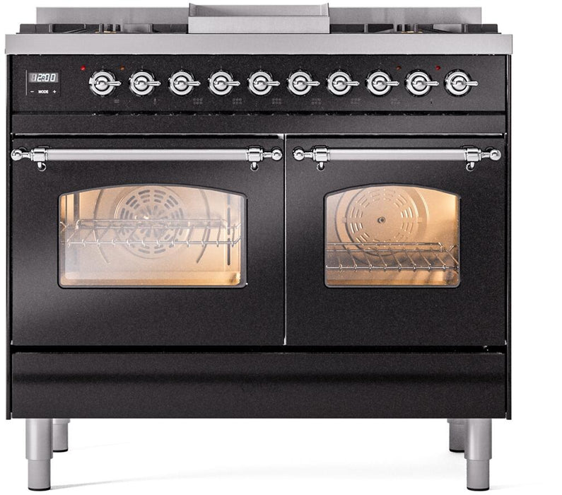 ILVE Nostalgie II 40" Dual Fuel Natural Gas Range in Black with Chrome Trim, UPD40FNMPBKC