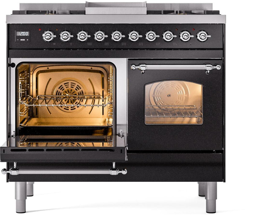 ILVE Nostalgie II 40" Dual Fuel Natural Gas Range in Black with Chrome Trim, UPD40FNMPBKC