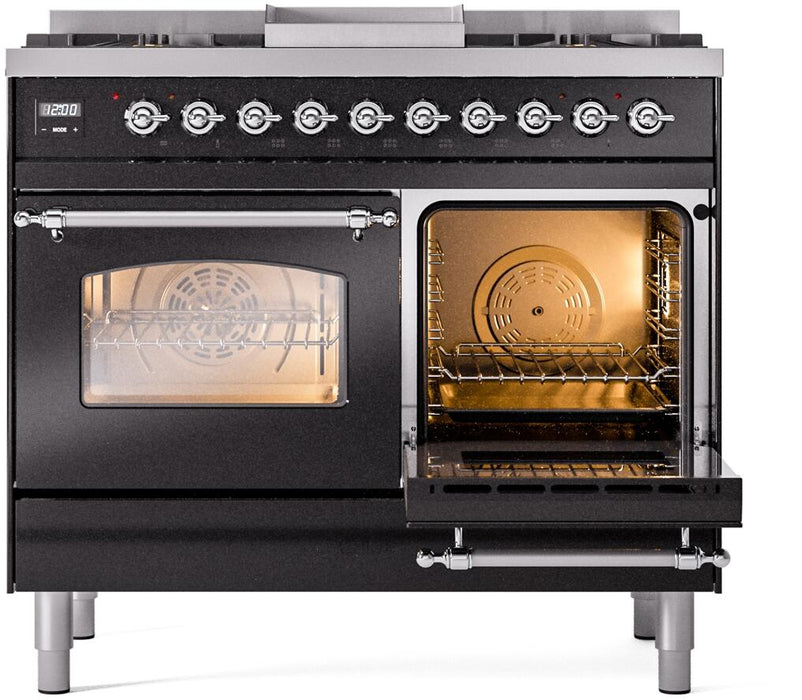 ILVE Nostalgie II 40" Dual Fuel Natural Gas Range in Black with Chrome Trim, UPD40FNMPBKC