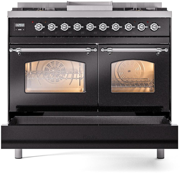 ILVE Nostalgie II 40" Dual Fuel Natural Gas Range in Black with Chrome Trim, UPD40FNMPBKC