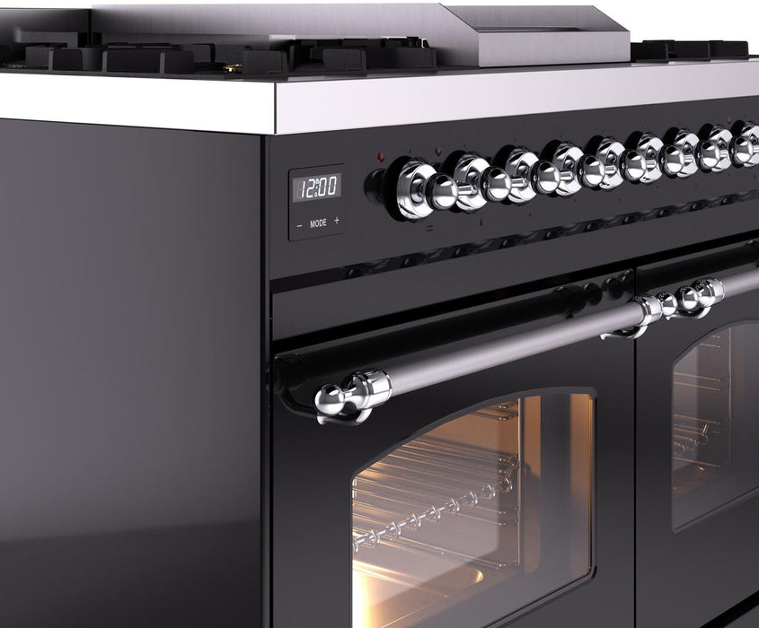 ILVE Nostalgie II 40" Dual Fuel Natural Gas Range in Black with Chrome Trim, UPD40FNMPBKC