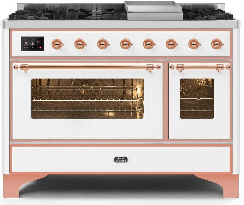 ILVE Majestic II 48" Dual Fuel Propane Gas Range in White with Copper Trim, UM12FDNS3WHPLP