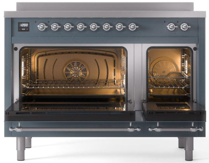 ILVE Nostalgie II 48" Induction Range with Element Stove and Electric Oven in Blue Grey with Chrome Trim, UPI486NMPBGC