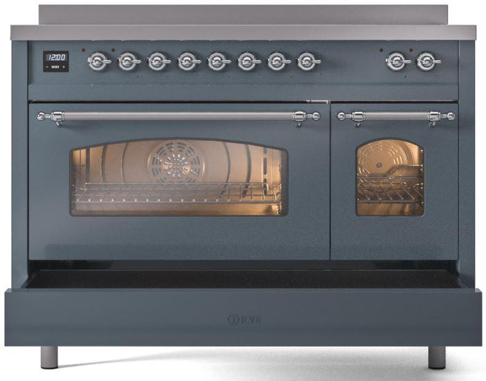 ILVE Nostalgie II 48" Induction Range with Element Stove and Electric Oven in Blue Grey with Chrome Trim, UPI486NMPBGC