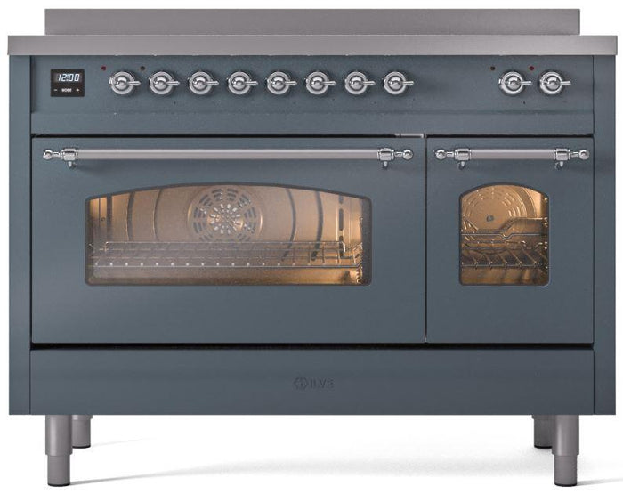 ILVE Nostalgie II 48" Induction Range with Element Stove and Electric Oven in Blue Grey with Chrome Trim, UPI486NMPBGC