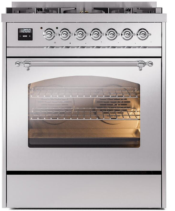 ILVE Nostalgie II 30" Dual Fuel Natural Gas Range in Stainless Steel with Chrome Trim, UP30NMPSSC