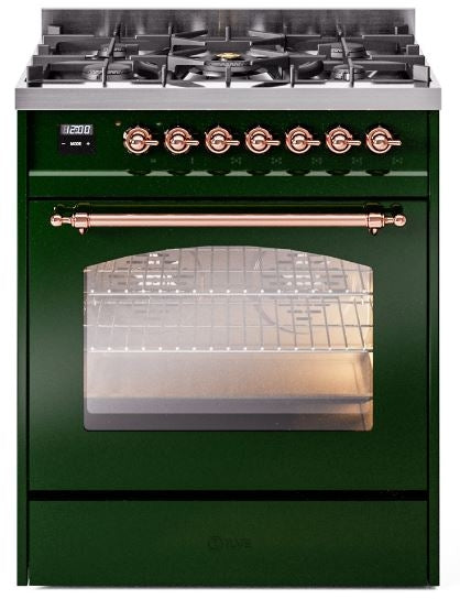 ILVE Nostalgie II 30" Dual Fuel Natural Gas Range in Emerald Green with Copper Trim, UP30NMPEGP