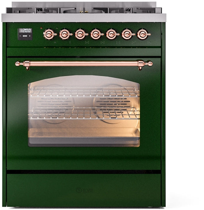 ILVE Nostalgie II 30" Dual Fuel Natural Gas Range in Emerald Green with Copper Trim, UP30NMPEGP