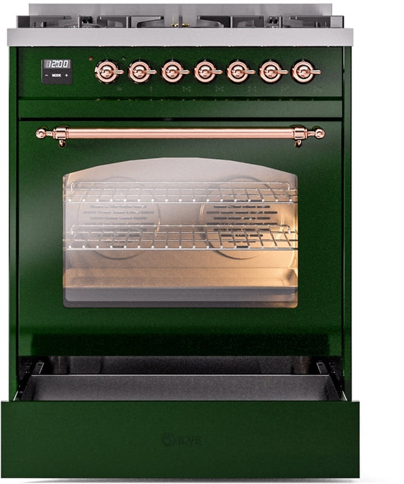 ILVE Nostalgie II 30" Dual Fuel Natural Gas Range in Emerald Green with Copper Trim, UP30NMPEGP