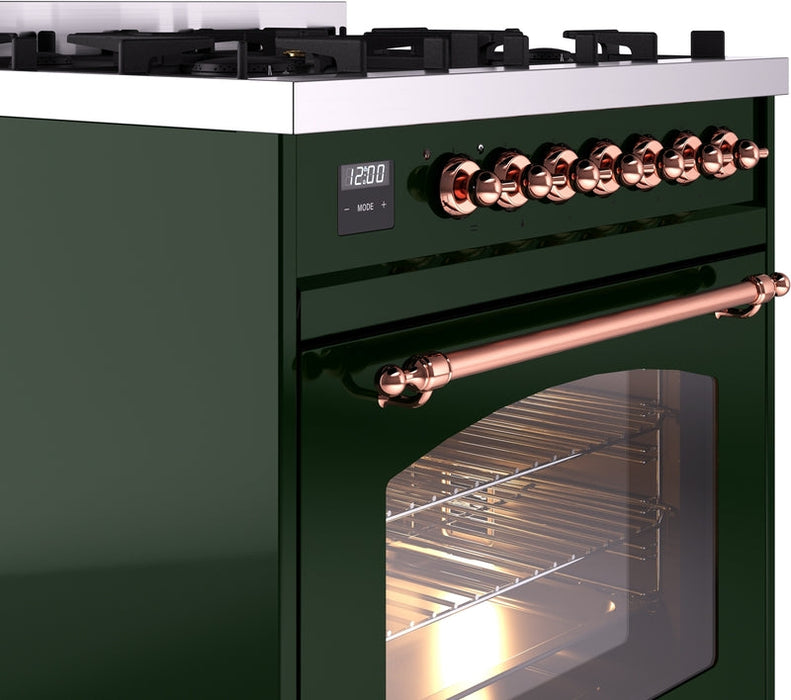 ILVE Nostalgie II 30" Dual Fuel Natural Gas Range in Emerald Green with Copper Trim, UP30NMPEGP