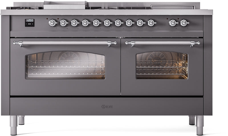 ILVE Nostalgie II 60" Dual Fuel Propane Gas Range in Matte Graphite with Chrome Trim, UP60FSNMPMGCLP