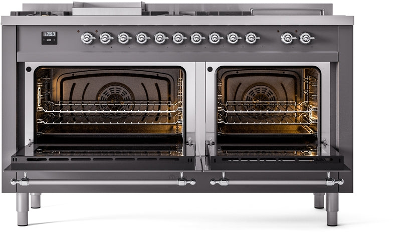 ILVE Nostalgie II 60" Dual Fuel Propane Gas Range in Matte Graphite with Chrome Trim, UP60FSNMPMGCLP