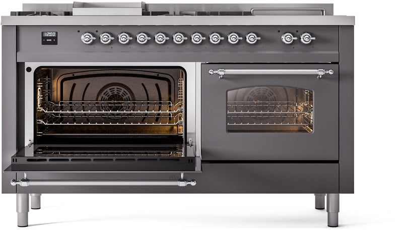 ILVE Nostalgie II 60" Dual Fuel Propane Gas Range in Matte Graphite with Chrome Trim, UP60FSNMPMGCLP