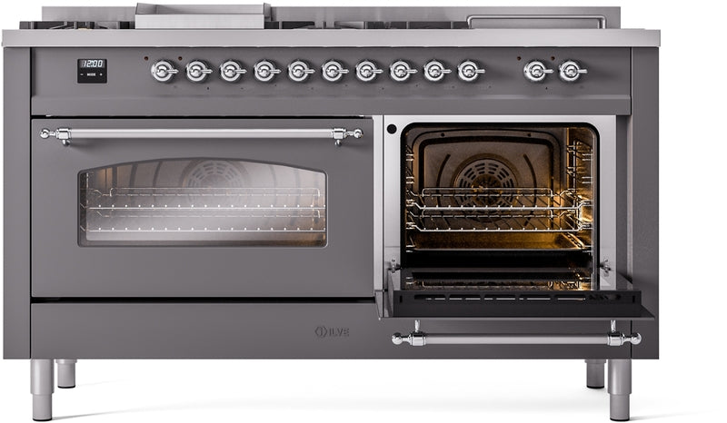 ILVE Nostalgie II 60" Dual Fuel Propane Gas Range in Matte Graphite with Chrome Trim, UP60FSNMPMGCLP