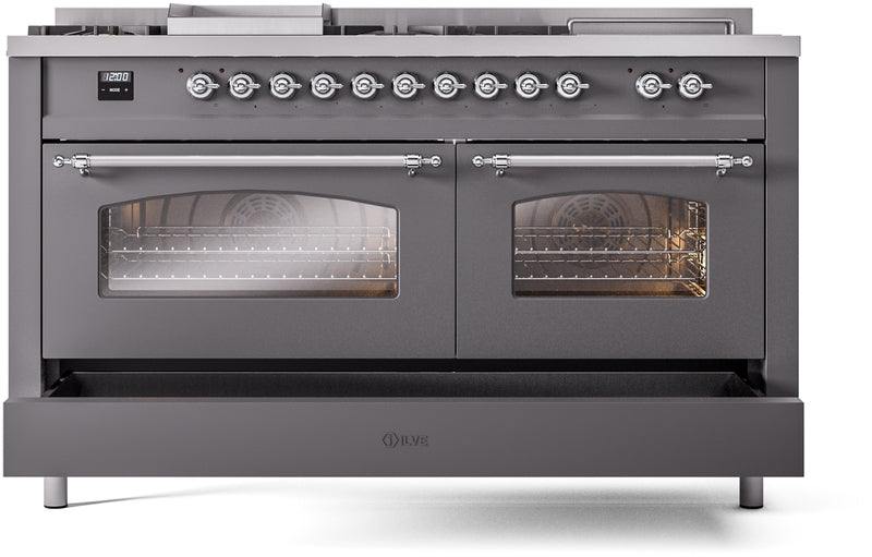 ILVE Nostalgie II 60" Dual Fuel Propane Gas Range in Matte Graphite with Chrome Trim, UP60FSNMPMGCLP