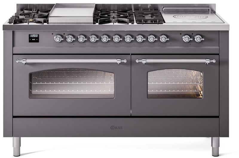 ILVE Nostalgie II 60" Dual Fuel Propane Gas Range in Matte Graphite with Chrome Trim, UP60FSNMPMGCLP