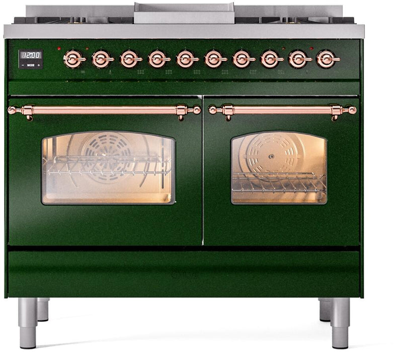 ILVE Nostalgie II 40" Dual Fuel Natural Gas Range in Emerald Green with Copper Trim, UPD40FNMPEGP