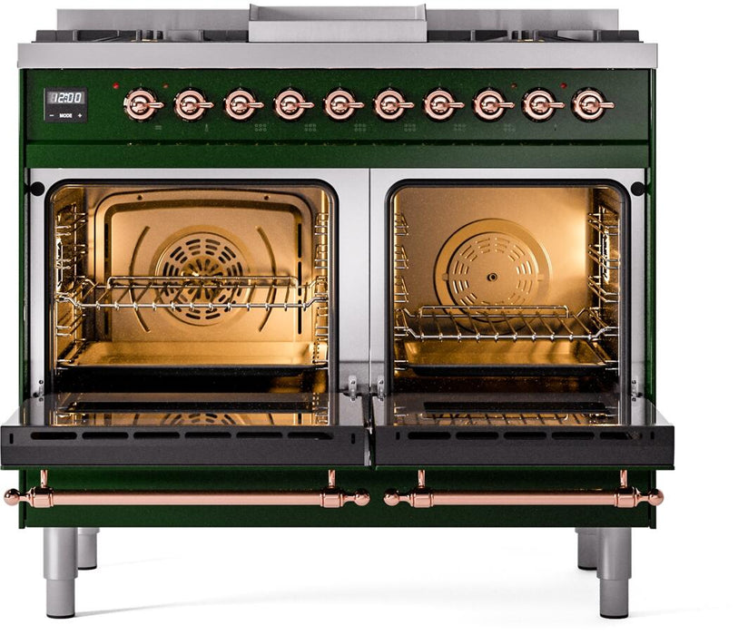 ILVE Nostalgie II 40" Dual Fuel Natural Gas Range in Emerald Green with Copper Trim, UPD40FNMPEGP