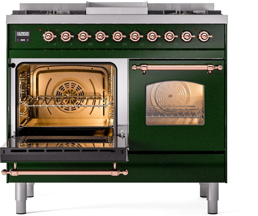 ILVE Nostalgie II 40" Dual Fuel Natural Gas Range in Emerald Green with Copper Trim, UPD40FNMPEGP