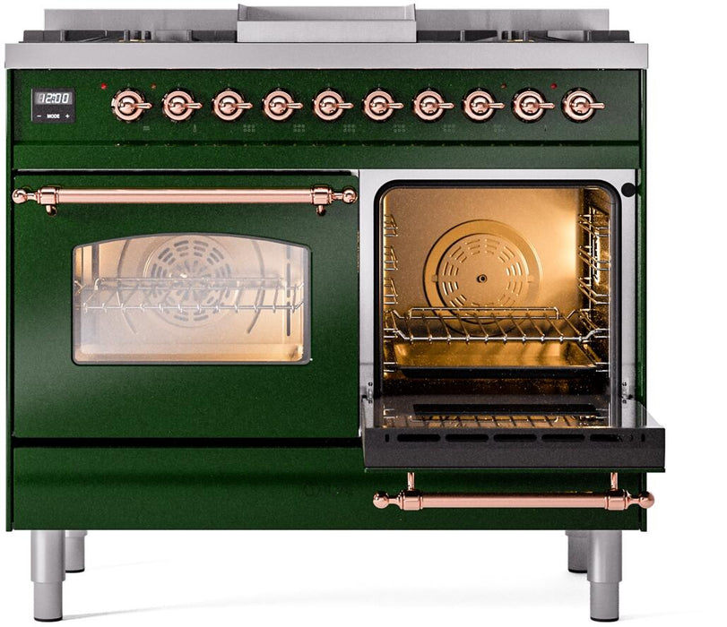 ILVE Nostalgie II 40" Dual Fuel Natural Gas Range in Emerald Green with Copper Trim, UPD40FNMPEGP