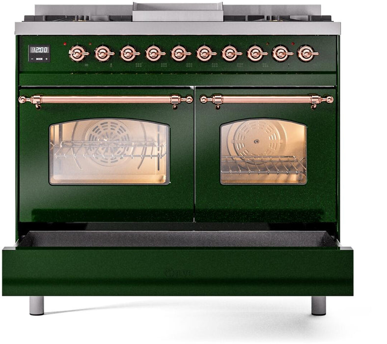 ILVE Nostalgie II 40" Dual Fuel Natural Gas Range in Emerald Green with Copper Trim, UPD40FNMPEGP