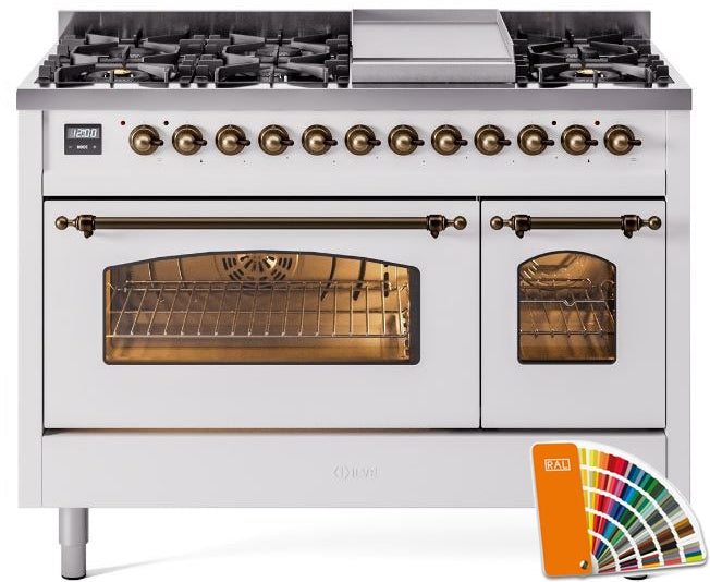 ILVE Nostalgie II 48" Dual Fuel Natural Gas Range in RAL Custom Color with Bronze Trim, UP48FNMPRAB