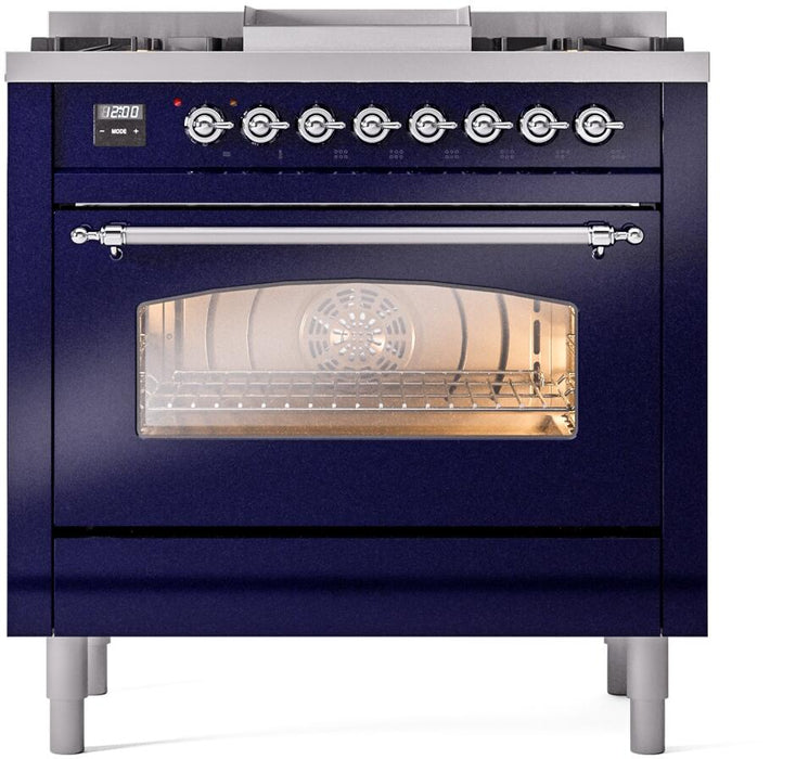 ILVE Nostalgie II 36" Dual Fuel Natural Gas Range in Blue with Chrome Trim, UP36FNMPMBC