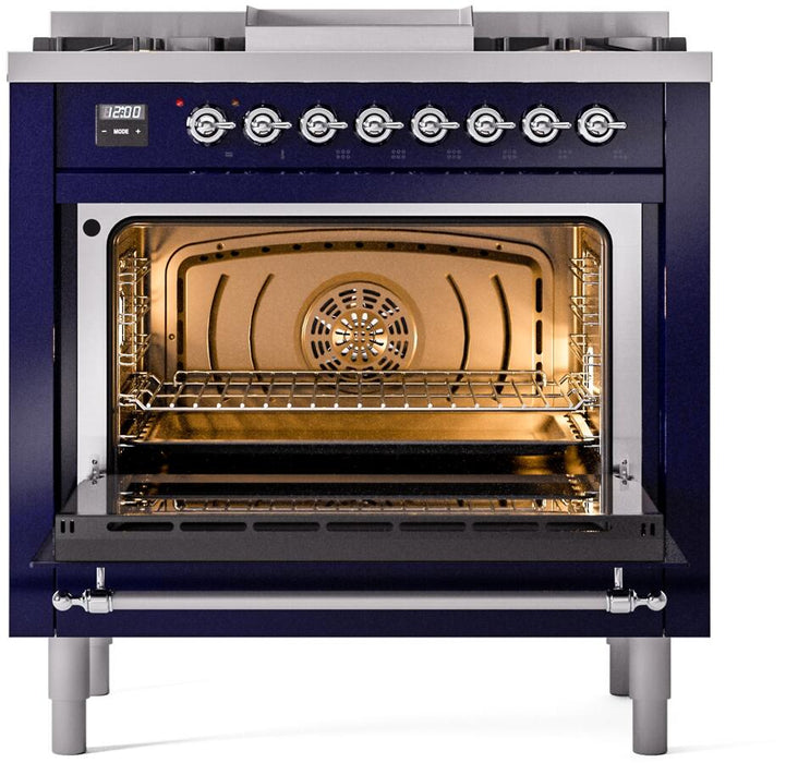 ILVE Nostalgie II 36" Dual Fuel Natural Gas Range in Blue with Chrome Trim, UP36FNMPMBC