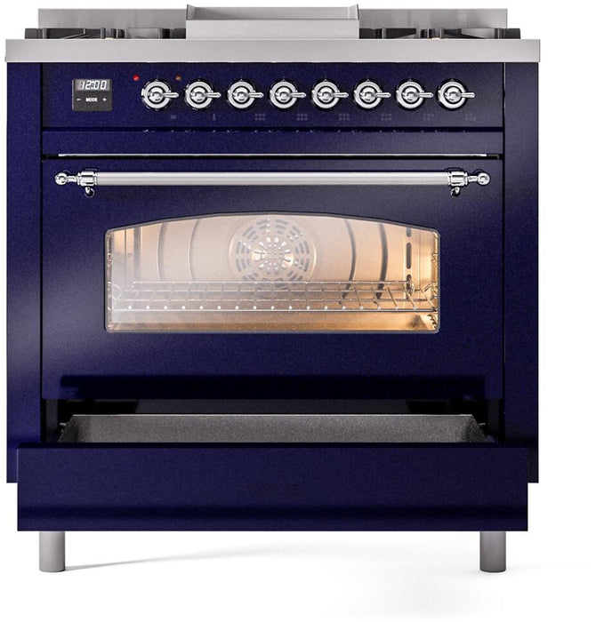 ILVE Nostalgie II 36" Dual Fuel Natural Gas Range in Blue with Chrome Trim, UP36FNMPMBC