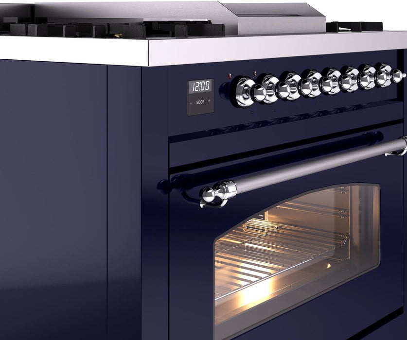 ILVE Nostalgie II 36" Dual Fuel Natural Gas Range in Blue with Chrome Trim, UP36FNMPMBC