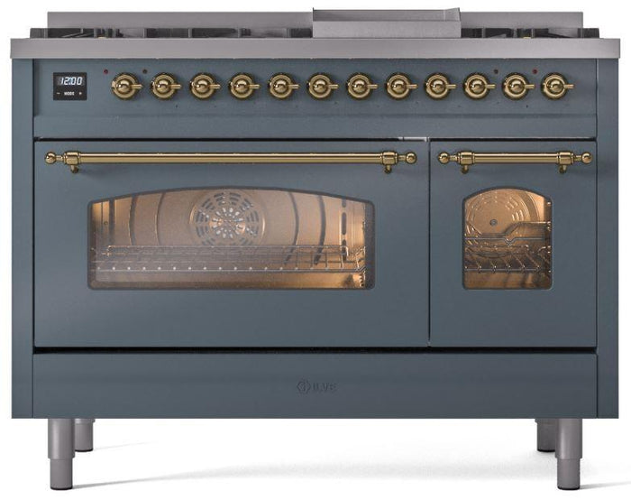 ILVE Nostalgie II 48" Dual Fuel Propane Gas Range in Blue Grey with Brass Trim, UP48FNMPBGGLP