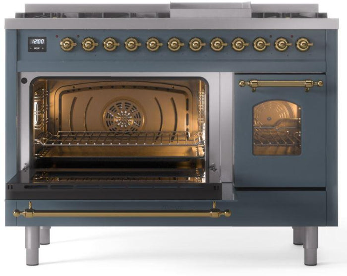 ILVE Nostalgie II 48" Dual Fuel Propane Gas Range in Blue Grey with Brass Trim, UP48FNMPBGGLP