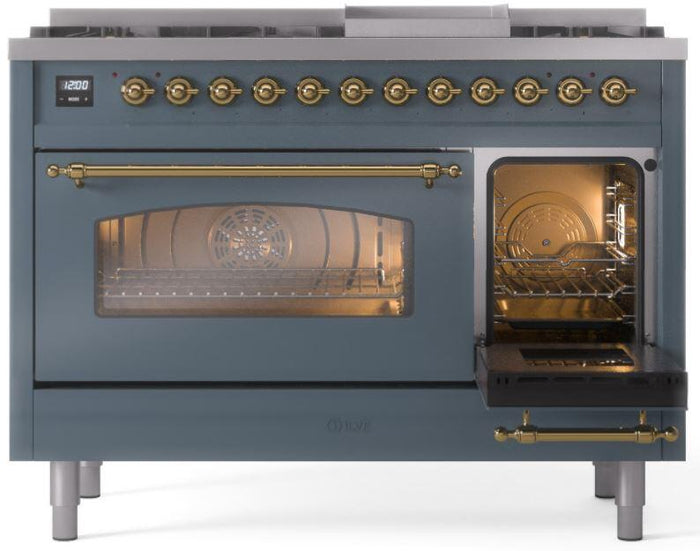 ILVE Nostalgie II 48" Dual Fuel Propane Gas Range in Blue Grey with Brass Trim, UP48FNMPBGGLP