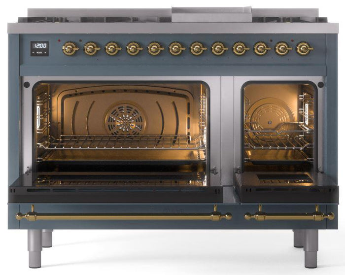 ILVE Nostalgie II 48" Dual Fuel Propane Gas Range in Blue Grey with Brass Trim, UP48FNMPBGGLP